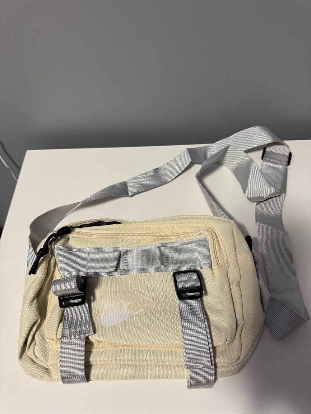 Men's Cream Crossbody Utility Bag with Gray Straps
